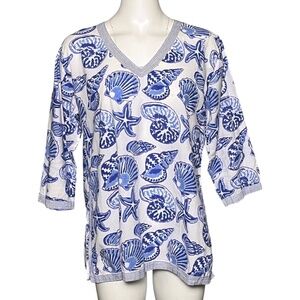Gretchen Scott Designs Blue White Seashell Print V-Neck Tunic Top Size XL